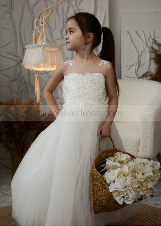 Ivory Shiny Lace Tulle Cute Flower Girl Dress With Detachable Train